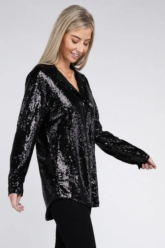 Nuvi Apparel Sequin Collared Button Up Shirt