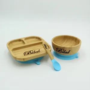 Personalised Wooden Tiny Dining Bamboo Plate, Bowl, and Spoon Set- Blue
