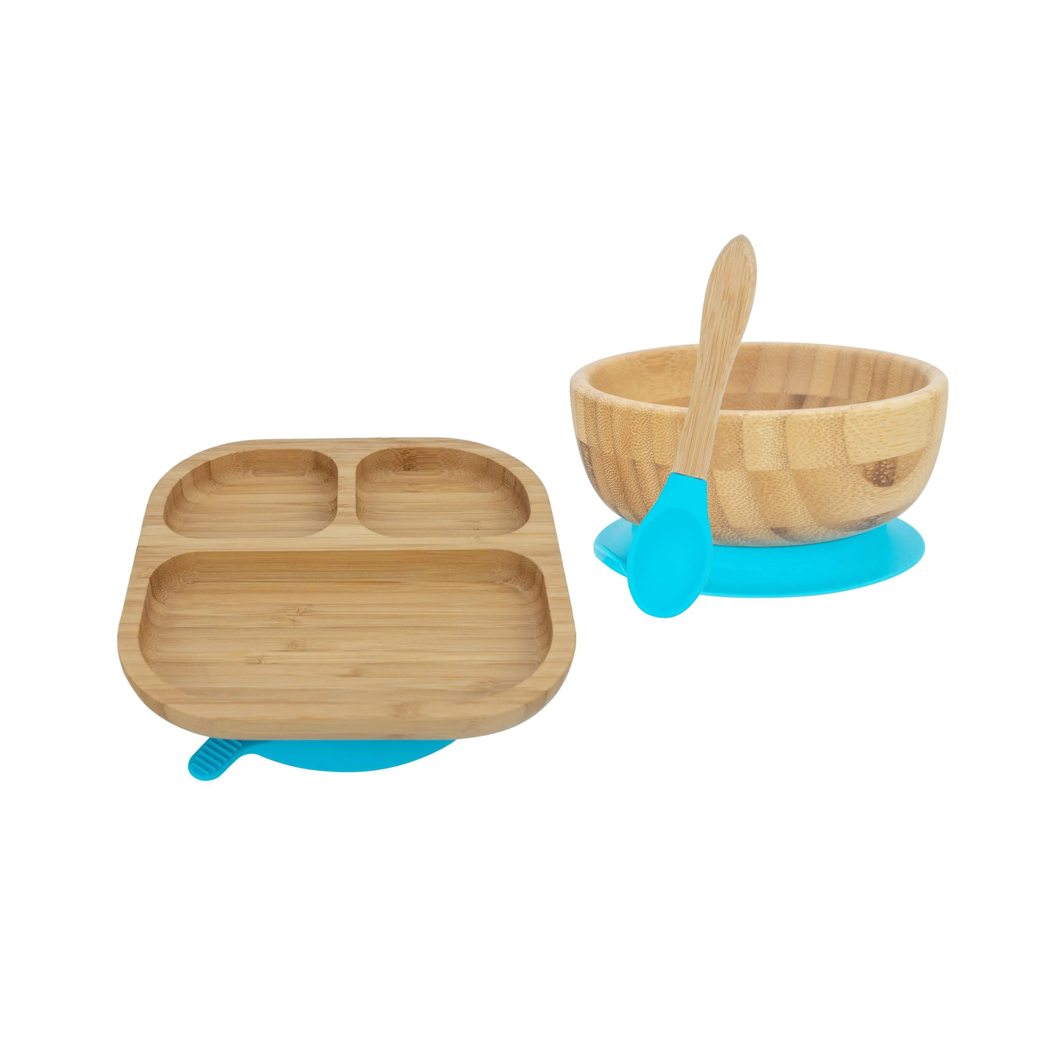 Personalised Wooden Tiny Dining Bamboo Plate, Bowl, and Spoon Set- Blue