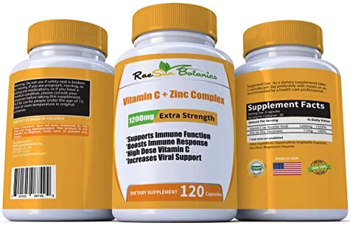 RaeSun Botanics cápsula de alta dosis de vitamina C   complejo de zinc para la salud de apoyo inmunológico, 120 cápsulas de 2 meses de suministro de cápsulas vegetales por RaeSun Botanics