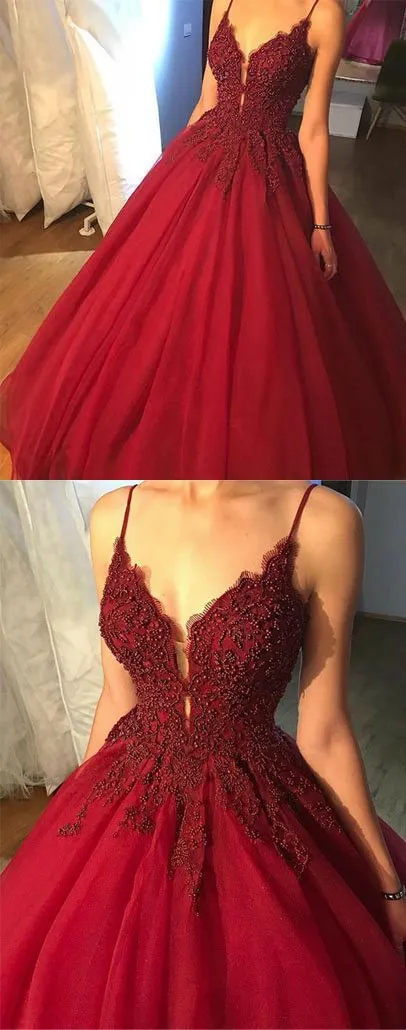 Red Tulle Spaghetti Straps A Line V-neck Floor Length Long Prom Dresses, MP201