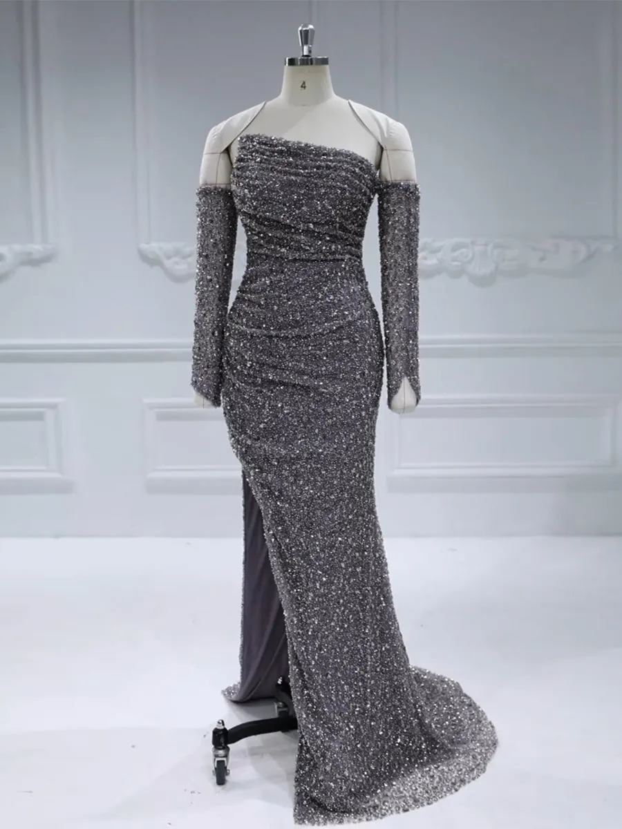 Sequin Draped-Neck High-Slit Gown with Detachable Sleeves #22888