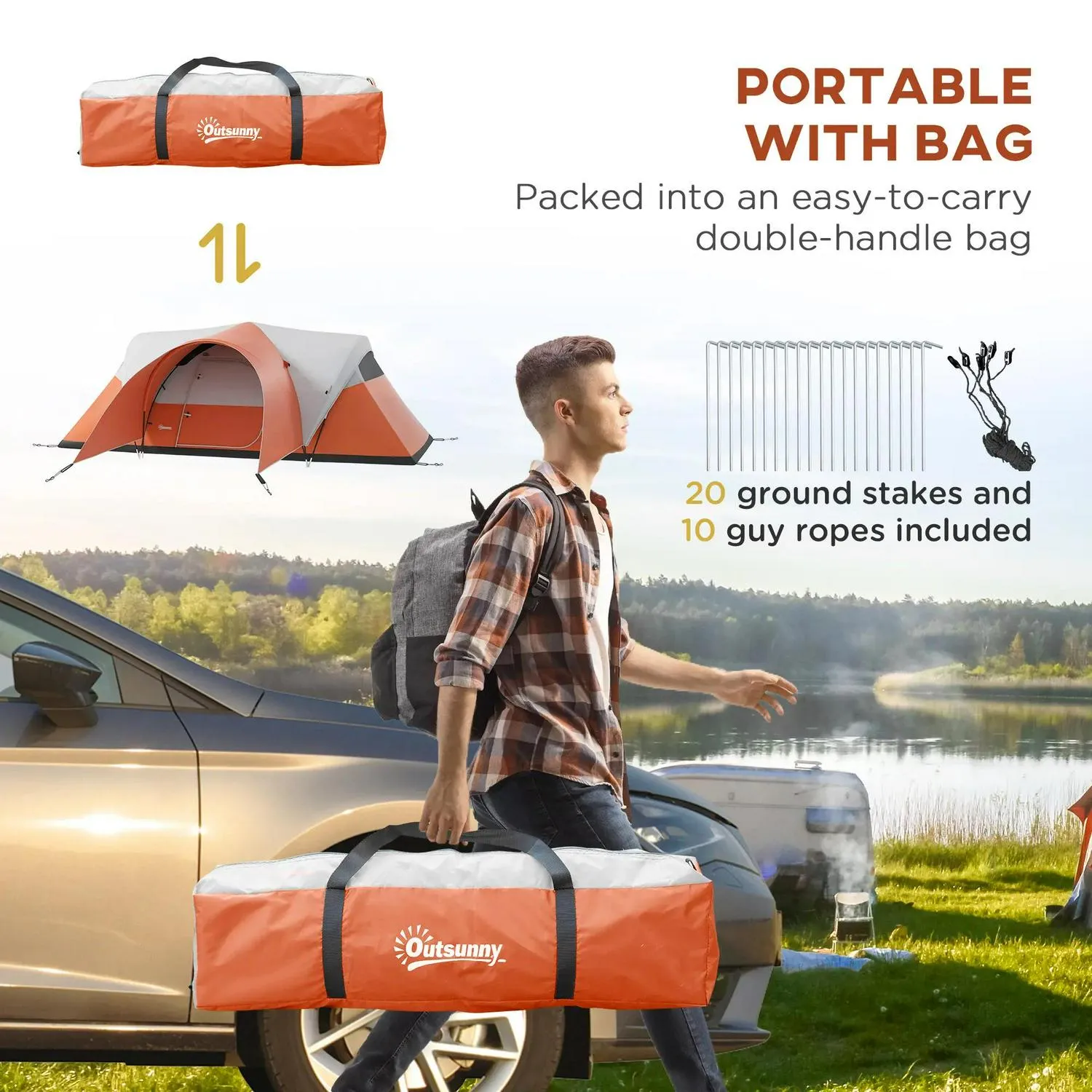 Sewn Bag, Portable And Groundsheet, Slashed prices 3000mm Outsunny Waterproof Family Instant access Man, Camping Orange 5-6 For Tent Porch With