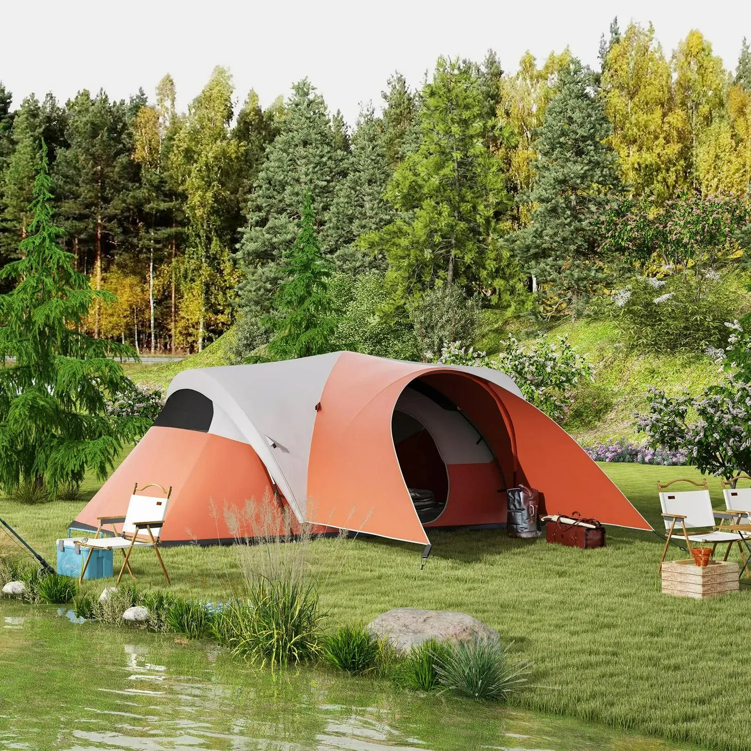 Sewn Bag, Portable And Groundsheet, Slashed prices 3000mm Outsunny Waterproof Family Instant access Man, Camping Orange 5-6 For Tent Porch With