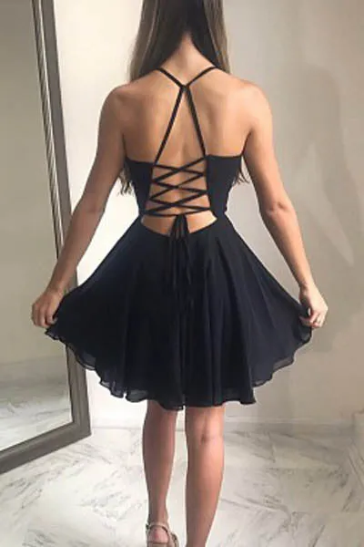 Simple Black A-Line Chiffon Spaghetti Straps Pleats Homecoming Dresses, SH444