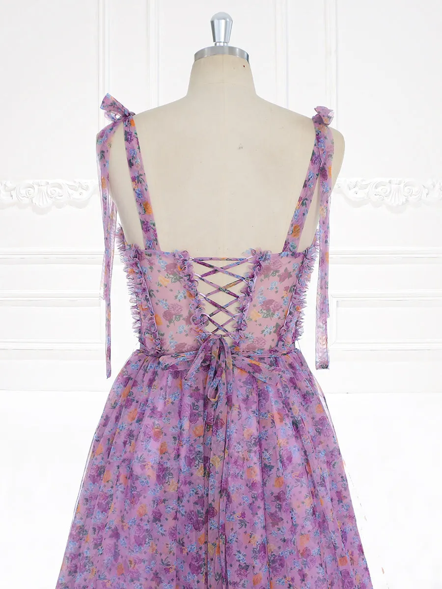 Sleeveless Sweatheart Neckline Floral Prom Dress with Ruffle Detail