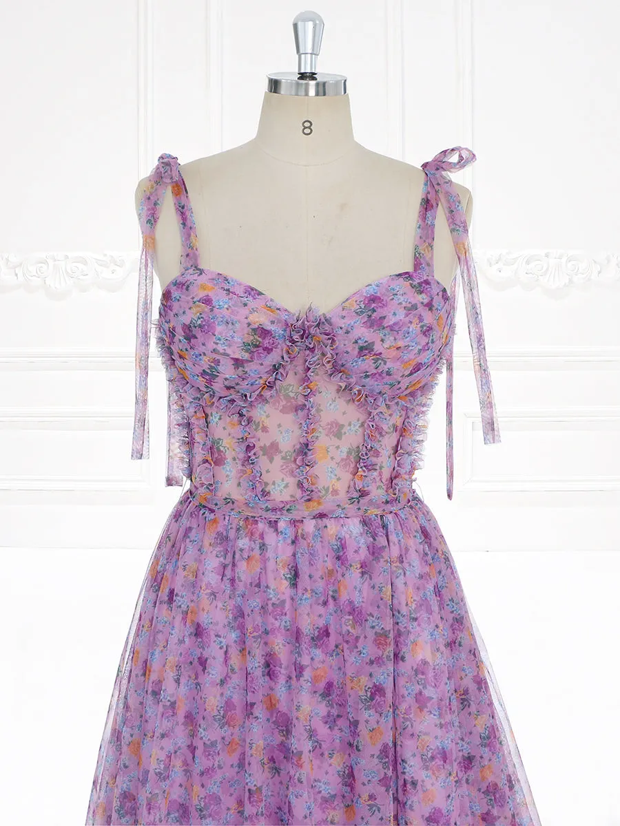 Sleeveless Sweatheart Neckline Floral Prom Dress with Ruffle Detail