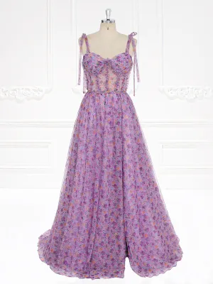 Sleeveless Sweatheart Neckline Floral Prom Dress with Ruffle Detail