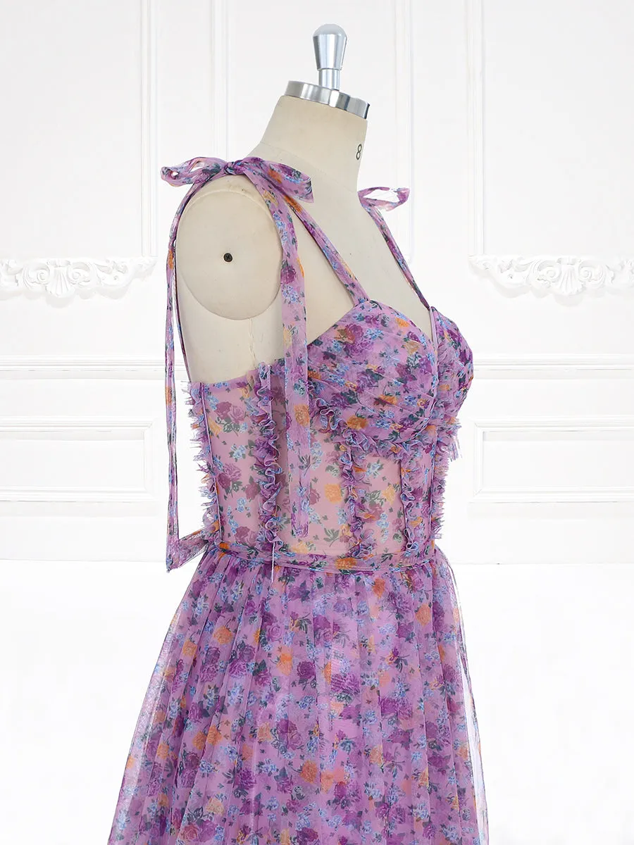 Sleeveless Sweatheart Neckline Floral Prom Dress with Ruffle Detail