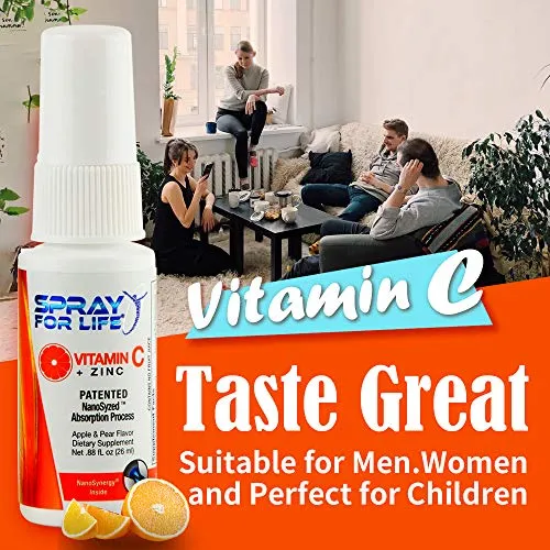 Spray for Life® Vitamina C (Pureway-C ®) Plus Zinc Spray – Formulación no intética con nanotecnología – Manzana y pera Daily Vitamina Spray para adultos, niños y personas mayores – 30 días de suministro