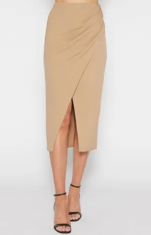 Stretch Fabric Side Pleated Midi Skirt