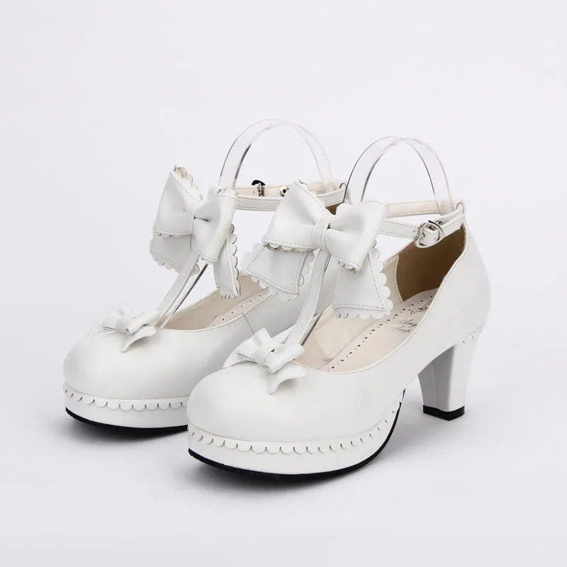 Sweet Bowknot Lace Chunky Heel Shoes