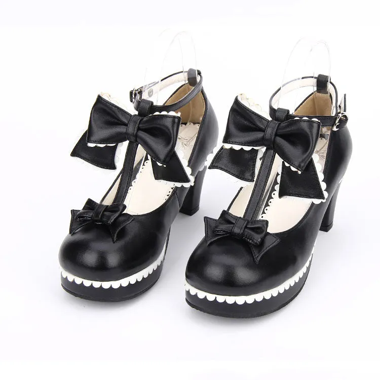 Sweet Bowknot Lace Chunky Heel Shoes