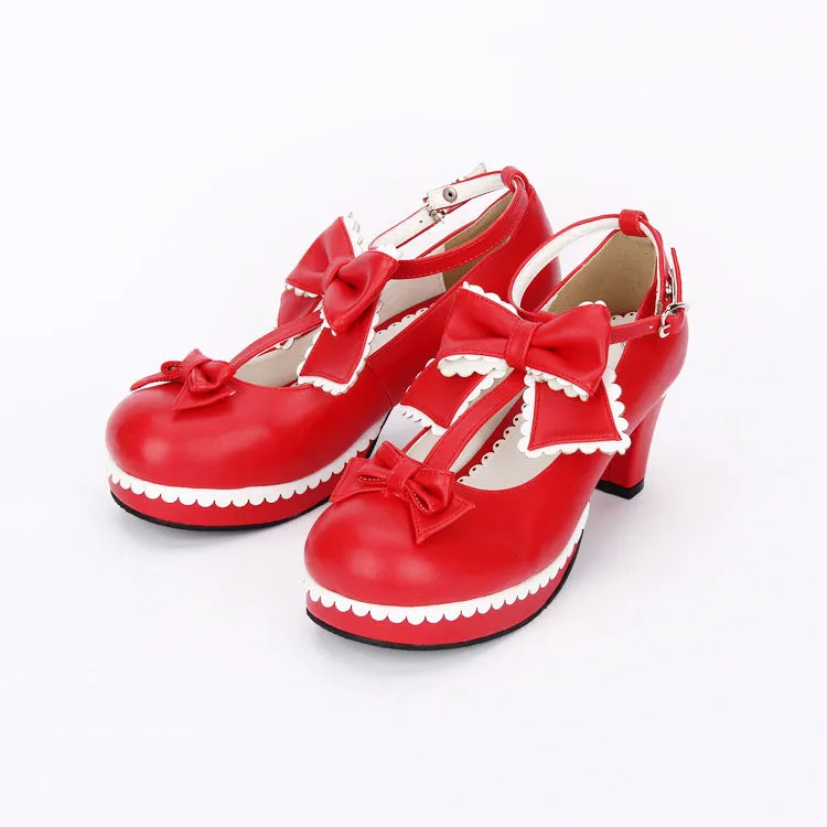 Sweet Bowknot Lace Chunky Heel Shoes