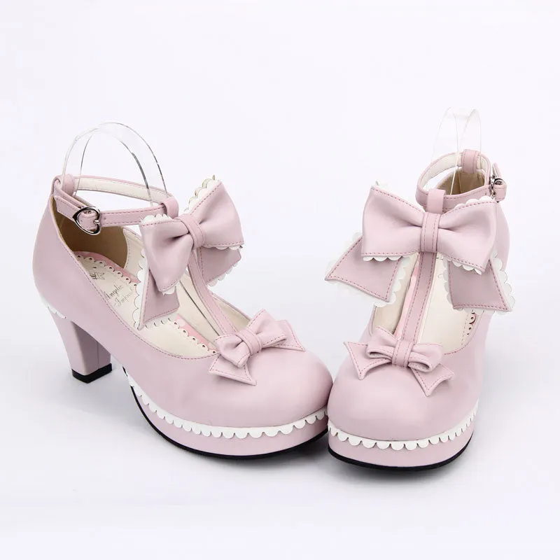 Sweet Bowknot Lace Chunky Heel Shoes