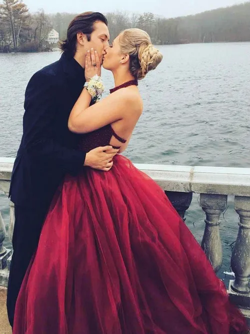 Tulle Skirt A-line Beaded Halter High Neck Beaded Long Prom Dresses, M245