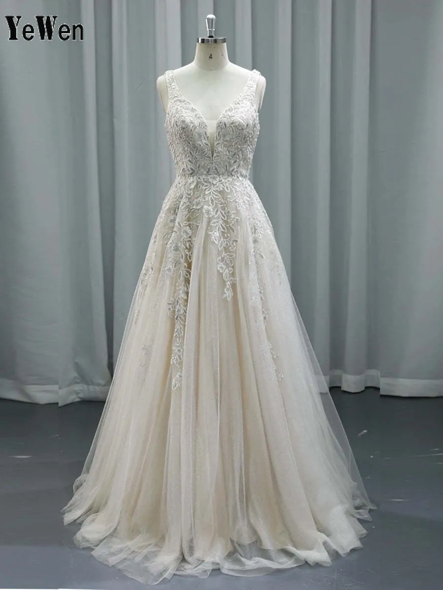 V Neckline Tulle Lace Wedding Dress Boho Wedding Gown with Light Champagne Lining #24012