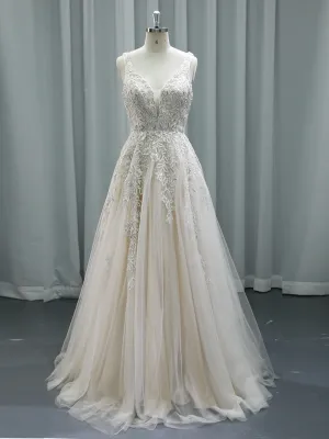 V Neckline Tulle Lace Wedding Dress Boho Wedding Gown with Light Champagne Lining #24012