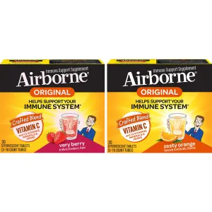 Vitamina C 1000 mg – Airborne Pastilla efervescente con sabor a bayas, 30 unidades y vitamina C 1000 mg – Tabletas efervescentes de naranja zesty (30 unidades en una caja)