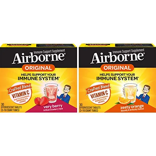 Vitamina C 1000 mg – Airborne Pastilla efervescente con sabor a bayas, 30 unidades y vitamina C 1000 mg – Tabletas efervescentes de naranja zesty (30 unidades en una caja)