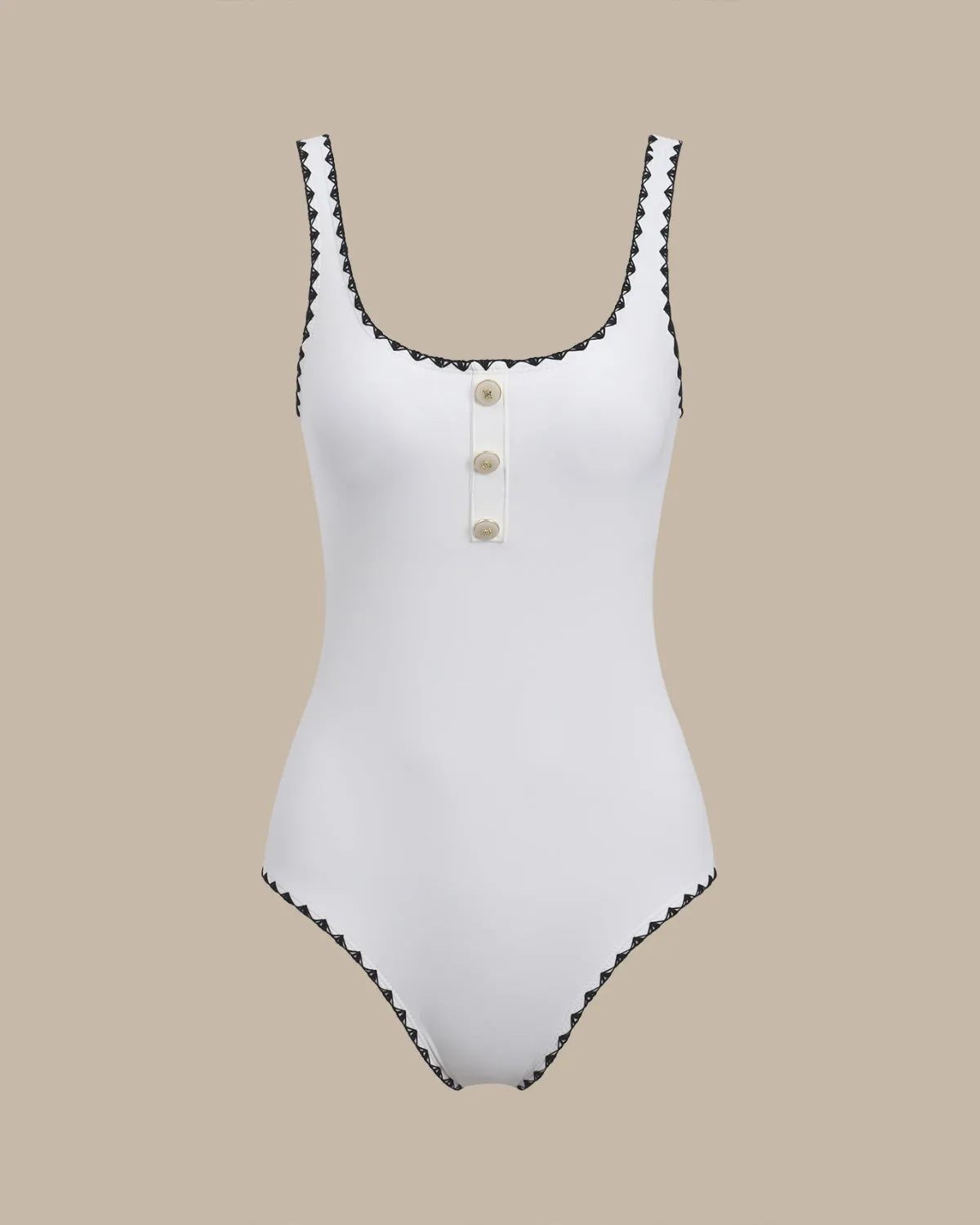 White Contrast U Neck One-Piece Swimsuit