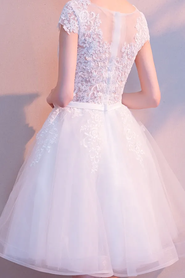 White Lace  A Line Scoop Neck Tulle Short Homecoming Dress, Bridesmaid Dresses SH361